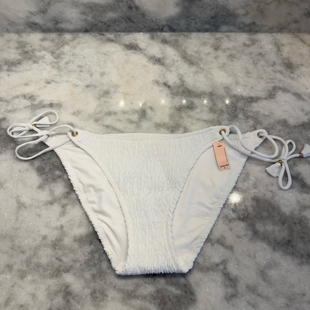 Victoria’s Secret White Smocked Textured Bikini Bottom Tie Side L BNWT